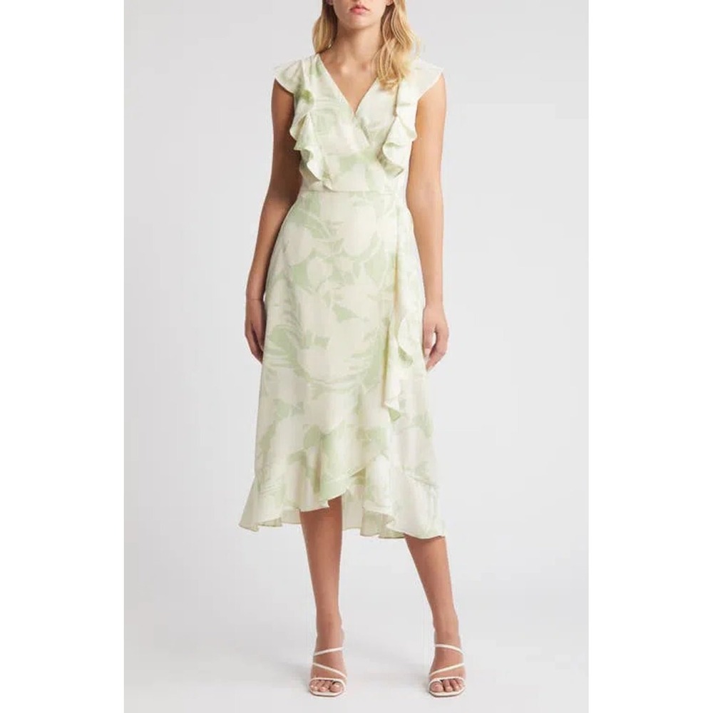 Chelsea 28 Nordstrom Green Ivory Sketch Tropic Ruffle Wrap Midi Dress Medium NWT